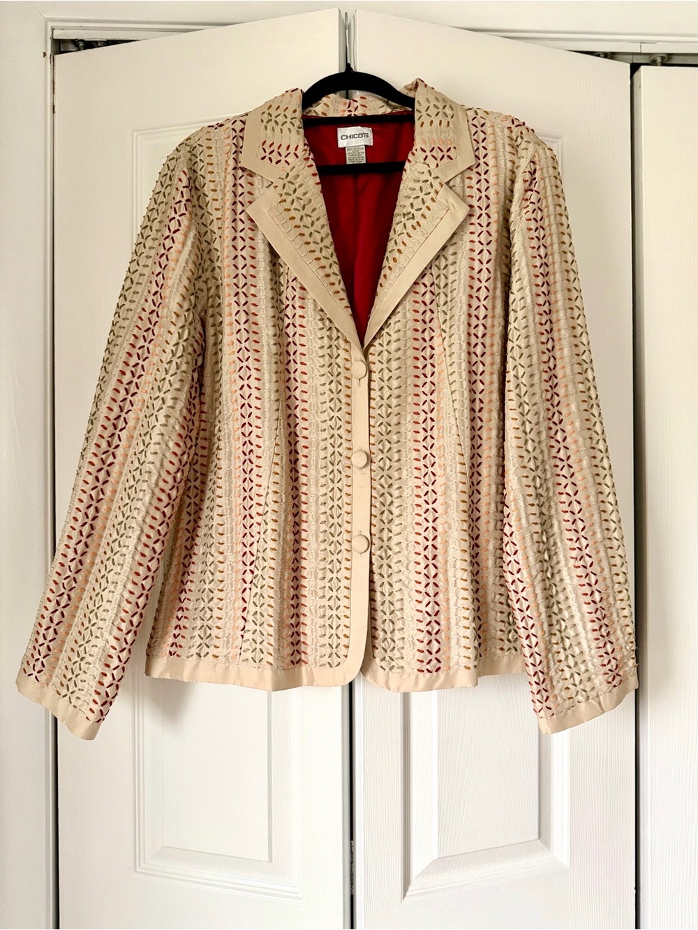 Chico's Beige Jacket with Red Lining Laser-Cut Blazer